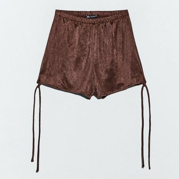 Zara Satin Effect Tied Shorts with Bow Pull On Boxing Silky Short in Brown - Picture 8 of 8